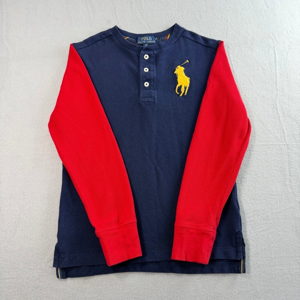 Polo Ralph Lauren Henley Boys Size S 8 Navy Red Big Pony Long Sleeve Shirt